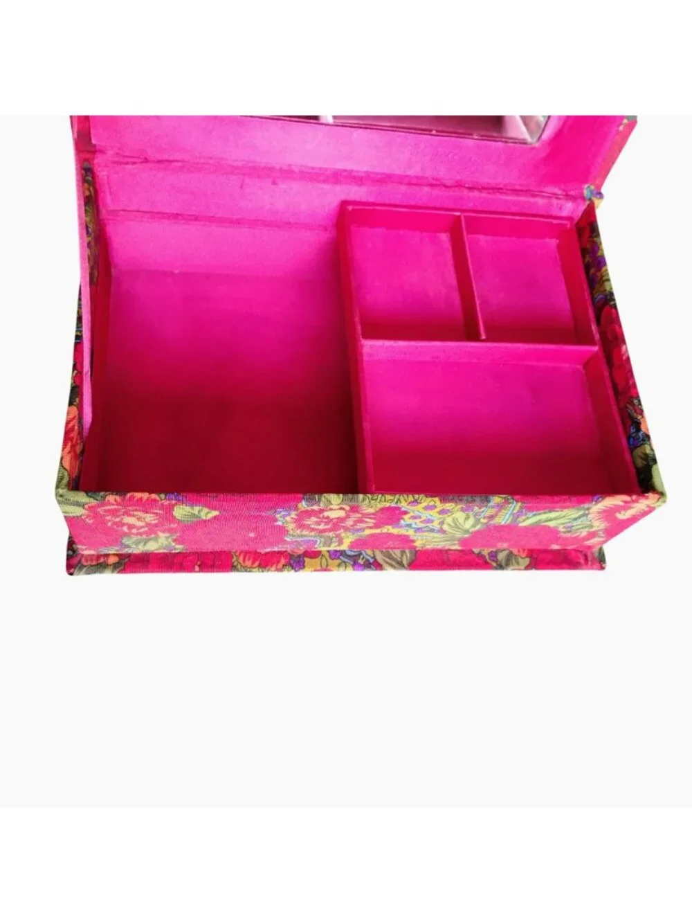 Vintage Floral Fabric-Covered Jewelry Box With Mirror & Compartments 11.5